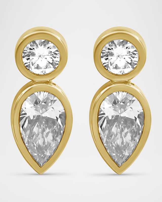 Pear and Round Lab Grown Diamond 18K Yellow Gold Bezel Earrings